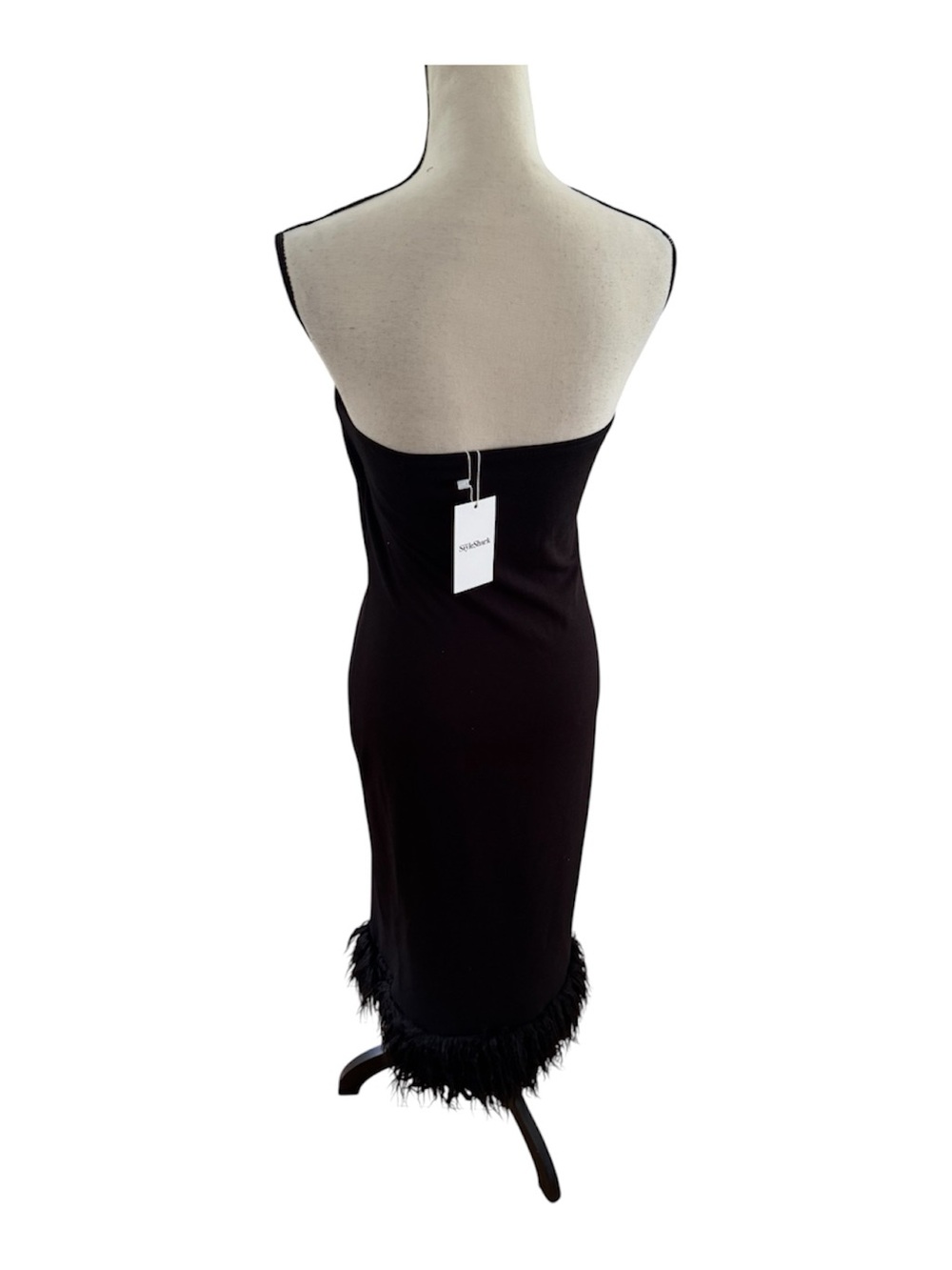 Strapless Black Midi Dress with Feather Hem - Picture 2 of 3